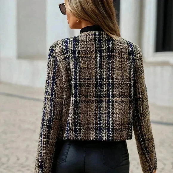 Multicolor Elegant Women's Plaid Pattern Flap Pocket Open Front Tweed Overcoat - Picture 3 of 5